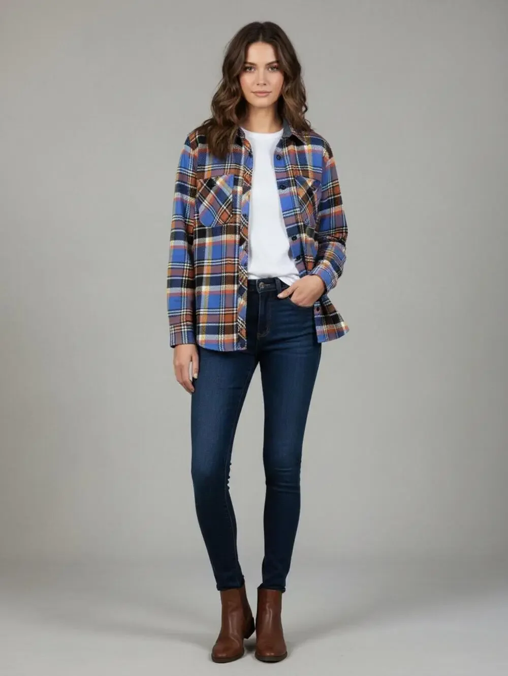 Lands'‎ End Women's Blue and Orange Plaid Flannel Shirt Size S